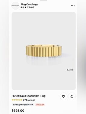 Ring Concierge Fluted Gold Stackable Ring classic 5mm size 8.5